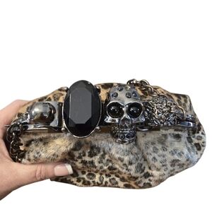 Brass Knuckle Faux Fur Leopard Print Crossbody/Clutch Handbag In EUC